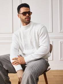 EASEVO Plus Size Men's Casual Solid Color Stand Collar Sweater, Autumn/Winter, Long Sleeve Top - White - View 6