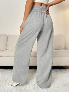 SHEIN PETITE 春季灰色纯色抽绳腰带运动裤毕业、返校服装、毕业、女士教师服装、返校 - 灰色 - 查看 2