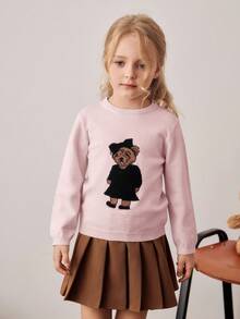 PrepCrw Young Girls' Collegiate Style Bear Graphic Crew Neck Sweater - Baby Pink - View 4
