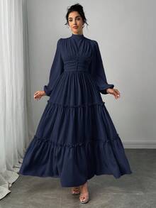 Veilorie Women's Elegant Commuter Solid Color Lantern Sleeve Dress - Royal Blue - View 3