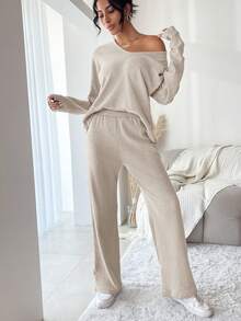 EURMUSE Women V-Neck Drop Shoulder Long Sleeve Top And Pants 2 Pieces Set, Casual - Mocha Brown - View 4