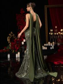 Glamrae 优雅奢华刺绣珍珠蕾丝性感无肩带美人鱼礼服，配有可拆卸挂脖，适合婚礼、活动、派对、度假、盛会、正式场合（装饰繁复）、情人节等场合。 - 軍綠色 - 查看 5