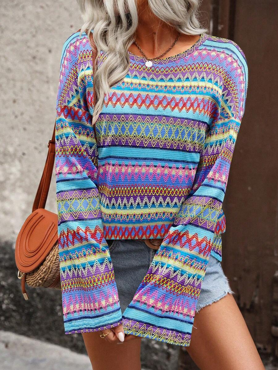 EMERY ROSE Women's Multicolor Wave Pattern Drop Shoulder T-Shirt Graphic Tees Women Tops - Multicolor - View 1