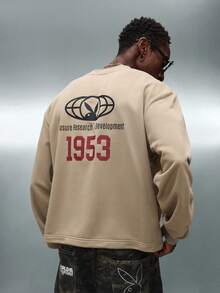 PLAYBOY X SUMWON Crop Fit Long Sleeve Sweatshirt With Research Development Print And 1953 Varsity Numbers - Khaki - View 1