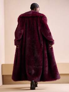 Zivah 2025秋冬新款蓬松长款优雅女士仿皮草派克大衣，渐变色，长款皮草大衣 - 酒紅色 - 查看 2