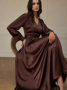 Aveloria EMERY ROSE 时尚复古法式设计收腰高端长袖连衣裙 - 棕色 - 查看 2