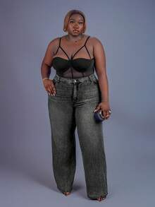 CurvyTilda Plus Size Adjustable Boned Bustier One-Piece Bodysuit, Elegant For Commuting, Workplace, Refined Afternoon Tea, Slightly Sexy For Dates, Concerts, Parties, INS Style, For Hourglass Body Shape, For Summer - Black - View 3