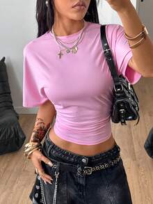 Coolane 女式夏季简约 Y2K 基本款日常休闲返校街头风弹力白色宽松褶饰短款 T 恤 - 粉色 - 查看 3