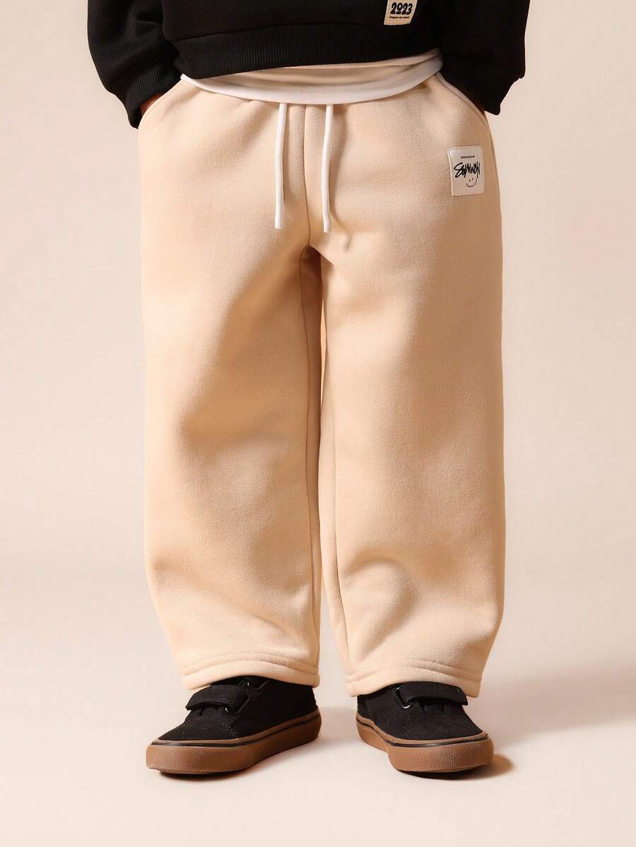 SUMWON Calça de Moletom Bege para Meninos com Cordão na Cintura e Punhos Nervurados para Conforto e Brincadeiras Diárias - Caqui - Visão 1