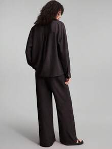 Traje casual de primavera/verano 2026 para mujer, compuesto por camisa de manga larga de un solo pecho con bolsillo y pantalones de pierna ancha, estilo vintage, adecuado - Negro 2 - Ver 5