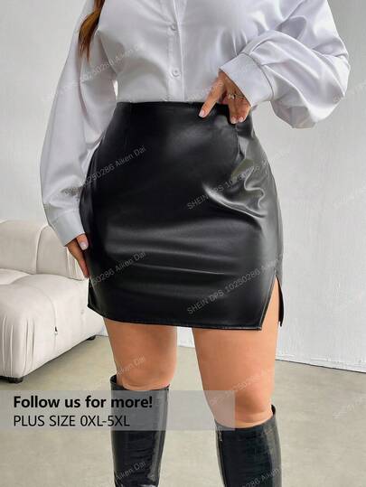 Firerie Plus Size Women's Elegant PU Leather Asymmetric Hem Short A-Line Skirt, Comfortable Casual For Spring