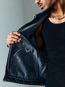 ROMWE MEN Street Life Veste en jean décontractée polyvalente à manches longues et encolure brodée pour hommes