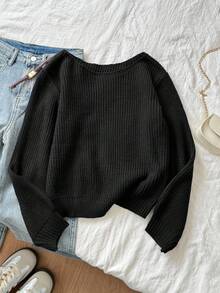 SHEIN Serisse Kids 青少年女孩純黑色長袖針織衫，露肩領口，秋冬休閒假期返校上衣 - 黑色 - 查看 9