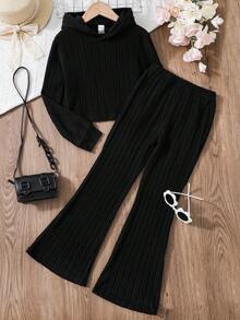 Tween Girls' Solid Color Ribbed Hoodie And Flare Pants Set