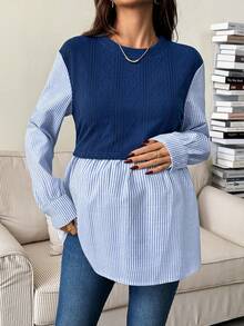 SHEIN Maternity Casual Striped Patchwork Nursing Top, Autumn
