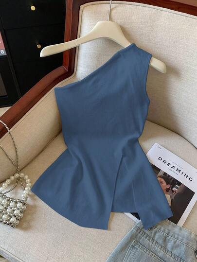 GlowEve Top corto sin mangas de un solo hombro de unicolor con bajo con abertura lateral para mujer