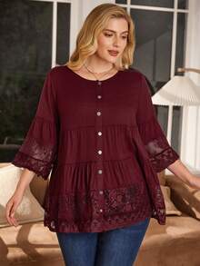 Rosumi 大码女式早春七分袖蕾丝拼布白衬衫 - 酒紅色 - 查看 6