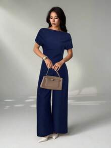 SHEIN PETITE Women's Summer New Arrival Simple Elegant Daily Casual Linen Commuter Wide Collar Off Shoulder Blouse And Wide Leg Pants Suit - Navy Blue - View 6