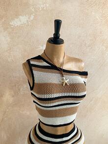 Soleia New Back To School Casual Resort Western Beach Wedding Guest Attire Graduation Brunch Women's Outfit, St. Patrick's Day Spring Break Easter Music Festival Elegant Bohemian Tropical Chic Asymmetrical Shoulder Striped Knit Two Pieces Set