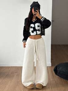 Coolane Women's Winter Streetwear Casual Minimalist Basic Daily Wear Cute Sportswear Basic Daily Wear Stretchy Comfortable Fuzzy White Straight Leg Sweater Pants - White - View 2