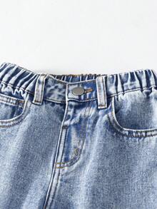 Elladie kids Jeans décontractés bleus polyvalents pour toutes les saisons, coupe ample, taille ajustée, style vintage délavé personnalisé avec fente à l'avant pour jeunes filles