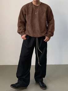 DAZY Men's Letter Embroidered Fleece Pullover Sweatshirt, Autumn - Brown - View 5