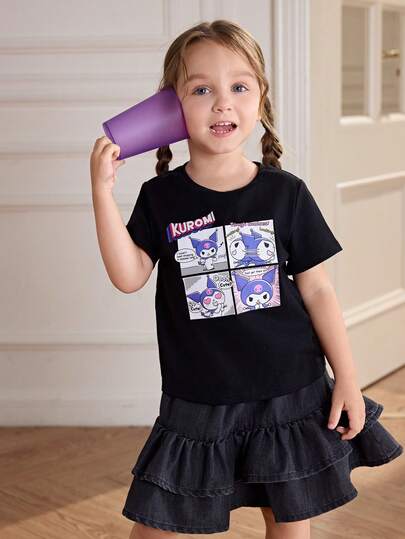 HELLO KITTY AND FRIENDS | SHEIN Young Girl Casual Cartoon Pattern Round Neck Short Sleeve T-Shirt, Summer