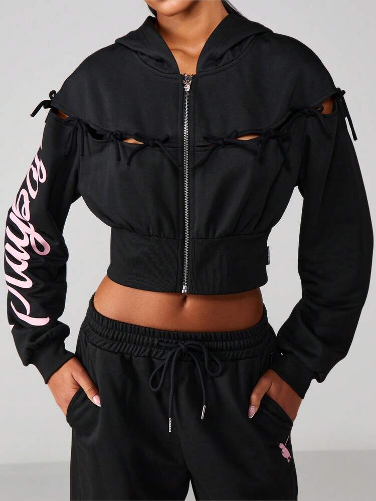 Missguided x Playboy Bow Detail Zip Front Hoodie With Drawstring And Cutout Design For Fall Winter Casual Wear