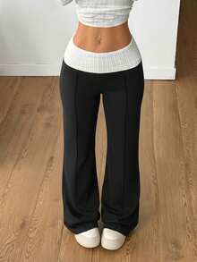 Coolane 女士冬季街头服饰外出休闲返校复古日常服饰 Y2K 罗纹针织白色翻领长裤法式灰色喇叭裤 - 黑色 - 查看 4