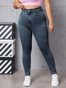 SHEIN ICON 大码女式高腰口袋紧身休闲百搭牛仔裤 - 藍色 - 查看 3