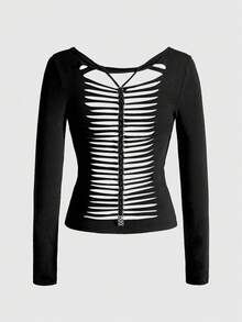 ROMWE Grunge Punk Y2K Punk Skeleton Wing Print Hollow Back Burnout Slim Fit Solid Color Versatile T-Shirt - Black - View 1