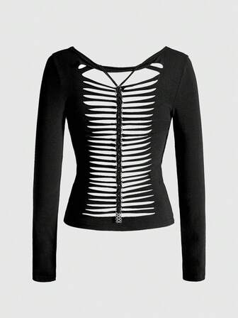 Grunge Punk Y2K Punk Skeleton Wing Print Hollow Back Burnout Slim Fit Solid Color Versatile T-Shirt