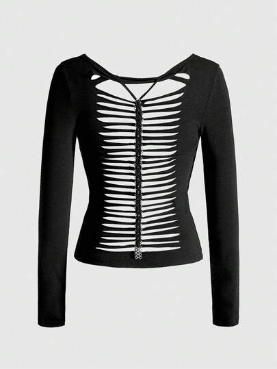 Grunge Punk T-shirt polyvalent slim fit, couleur unie, avec impression d'ailes de squelette punk Y2K et dos ajouré