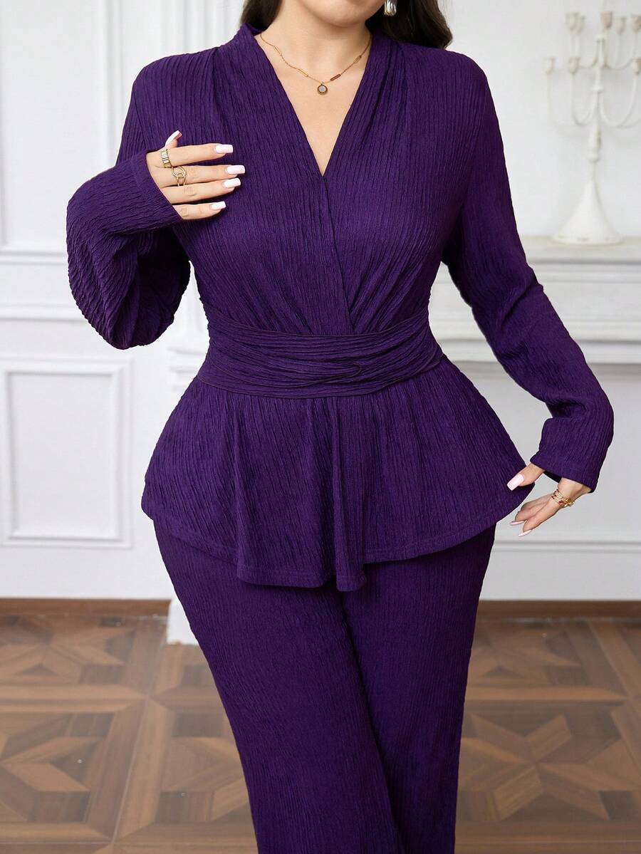 Modelyn Plus Size Women Solid Color Waist Ruched Lantern Sleeve Shirt And Flare Pants Elegant 2 Pieces Set - Purple - View 1