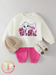 THE HAPPY LOOK 2pcs/Set Young Girl Letter Graphic Knit Soft Round Neck Long Sleeve Pullover Hoodie And Elastic Waist Pants - Multicolor - View 1