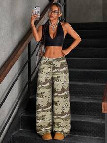 SHEIN Tall Jean femme à jambes larges lavé imprimé léopard taille basse, pour femmes grandes - Multicolore - Voir 3