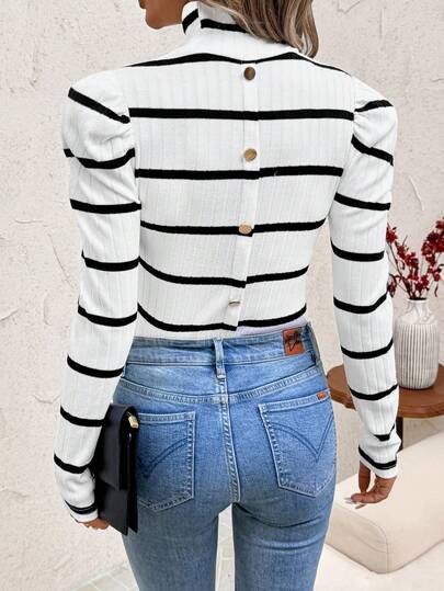 SHEIN Clasi Camiseta de manga larga con cuello alto y rayas de contraste para mujer
