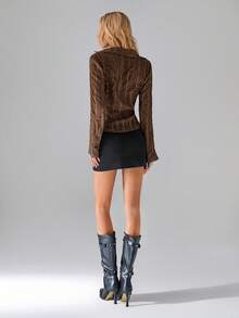 TRNVIE 1 pièce Blouse décontractée/de travail pour femmes à encolure en V en maille marron brodée, taille resserrée, manches longues, automne - Tabac - Voir 2