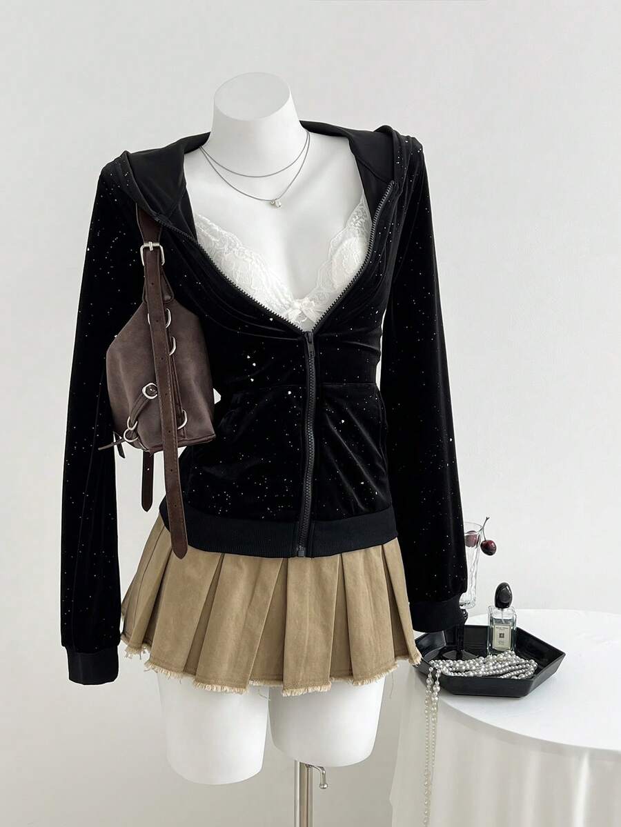 SHEIN Unity 女士黑色丝绒卫衣，闪光面料，修身显瘦，连帽长袖，休闲通勤，秋冬季 - 黑色 - 查看 1