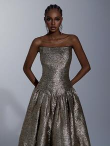 Elitara Elegant Metallic Jacquard Strapless A-Line Evening Gown,Glamorous Back Drawstring Flared Long Dress For Parties,Weddings,Formal Occasions&Vacations - Gold - View 2