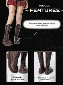 ROMWE Goth Women's Knee-High Boots Fashionable Lace-Up Thick-Soled Chunky Heel Women's Boots For Christmas - Brown - View 4