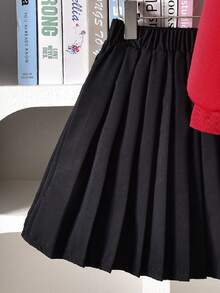 2件套：蝴蝶结点缀卡其色长袖运动衫和黑色百褶迷你裙 - 酒紅色 - 查看 6