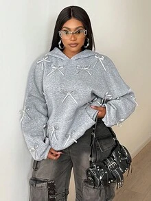 Maweii Plus Size Women Butterfly Decor Drop Shoulder Long Sleeve Loose Sweatshirt - Grey - View 6