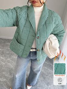Calvaya 大码女式格子印花休闲宽松棉服外套，秋冬 - 綠色 - 查看 1