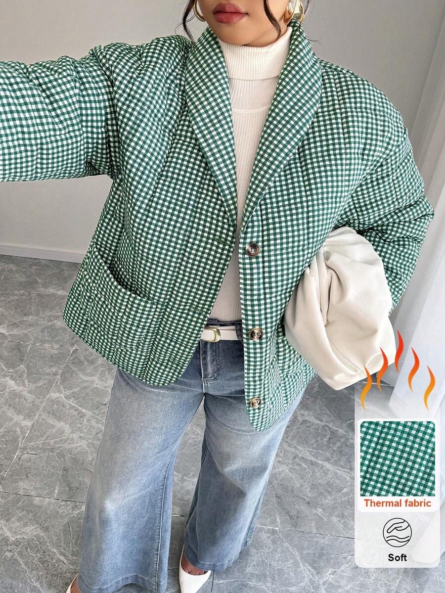 Calvaya 大码女式格子印花休闲宽松棉服外套，秋冬 - 綠色 - 查看 1