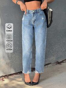 EURMUSE Lässige Jeans mit hoher Taille, geradem Bein und Taschen mit Reißverschluss, geeignet für den täglichen Gebrauch - Mittele Waschung - Übersicht 4