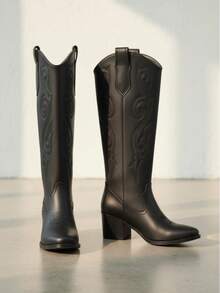 Botas vaqueras de mujer cowgirl lisas botas a la rodilla botas para mujer calzado vaquero botas estilo tejano botas western cowboy suela antideslizante acojinadas botas eñeganytes de lujo para fiestas  festivales texanas desierto jaripeos casuales botines cortos botas womens boots shoes - Negro - Ver 2