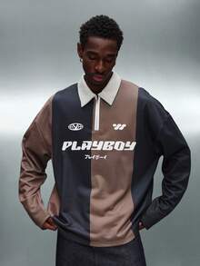 PLAYBOY X SUMWON Quarter Zip Retro Polo Sweatshirt With Collared Neckline And Color Block Design - Multicolor - View 5