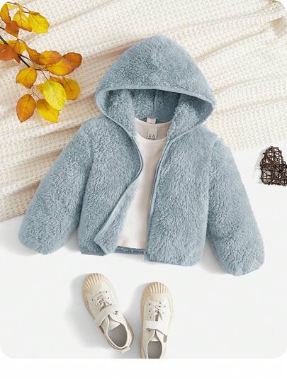 Baby Boy Casual Solid Color Fleece Zip-Up Hooded Jacket, Autumn/Winter