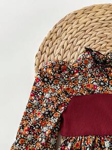 SHEIN Babygirl Ditsy Floral Long Sleeve Shirt Set, Fashionable For Vacation And Party, Autumn/Winter Toddler Girl Two Piece Sets 2pcs Set Toddler Girls Fall Girls Clothes Baby Bell Bottom Outfit Floral Print Red Tops For Baby - Multicolor - View 5